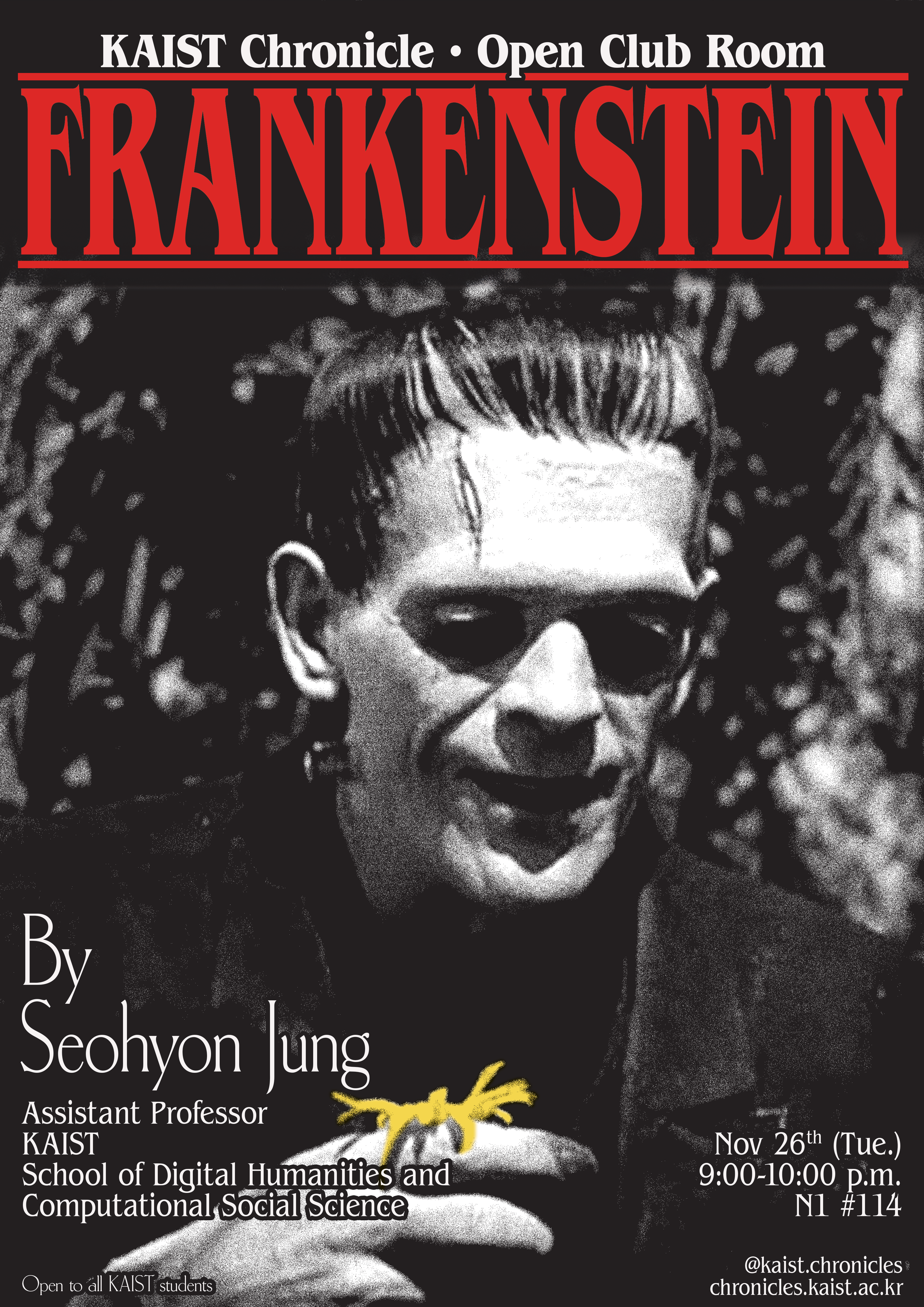 This open club room event is a reading event. The short story assigned for this event is "Frankenstein" by Mary Shelly. I want to present a different image of Frankenstein's monster. Normally, it is presented as brainless, scary monster. But I found this picture of Frankenstein's monster on Pinterest. I have never seen the movie but I think this moment shows a good glimpse of humanity in the monster that we've never seen.