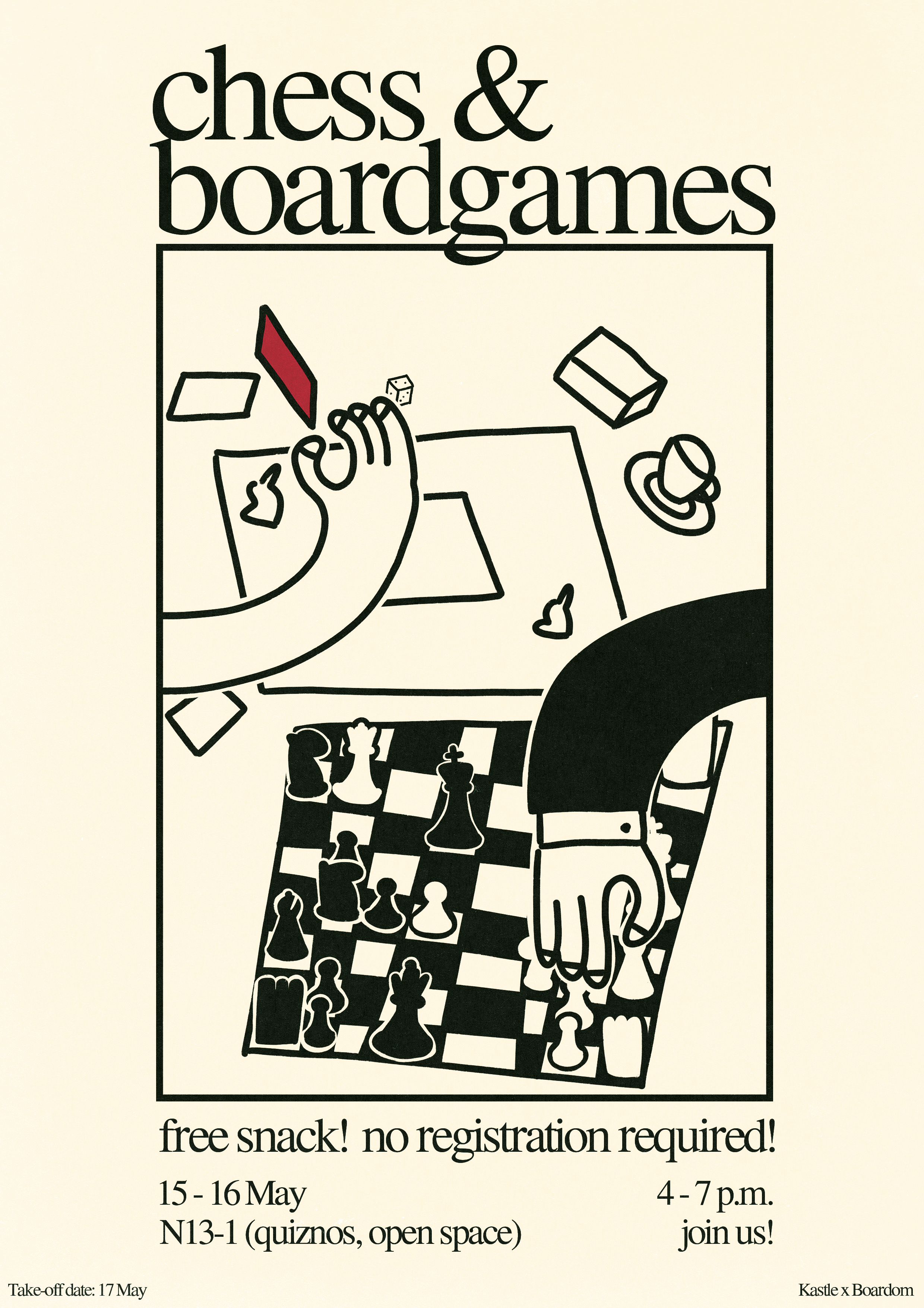 The event for this open club room is an open chess event held outside on a breezy spring day. I want to reflect those kind of 'laid-back-ness' in a hand-drawn style poster.