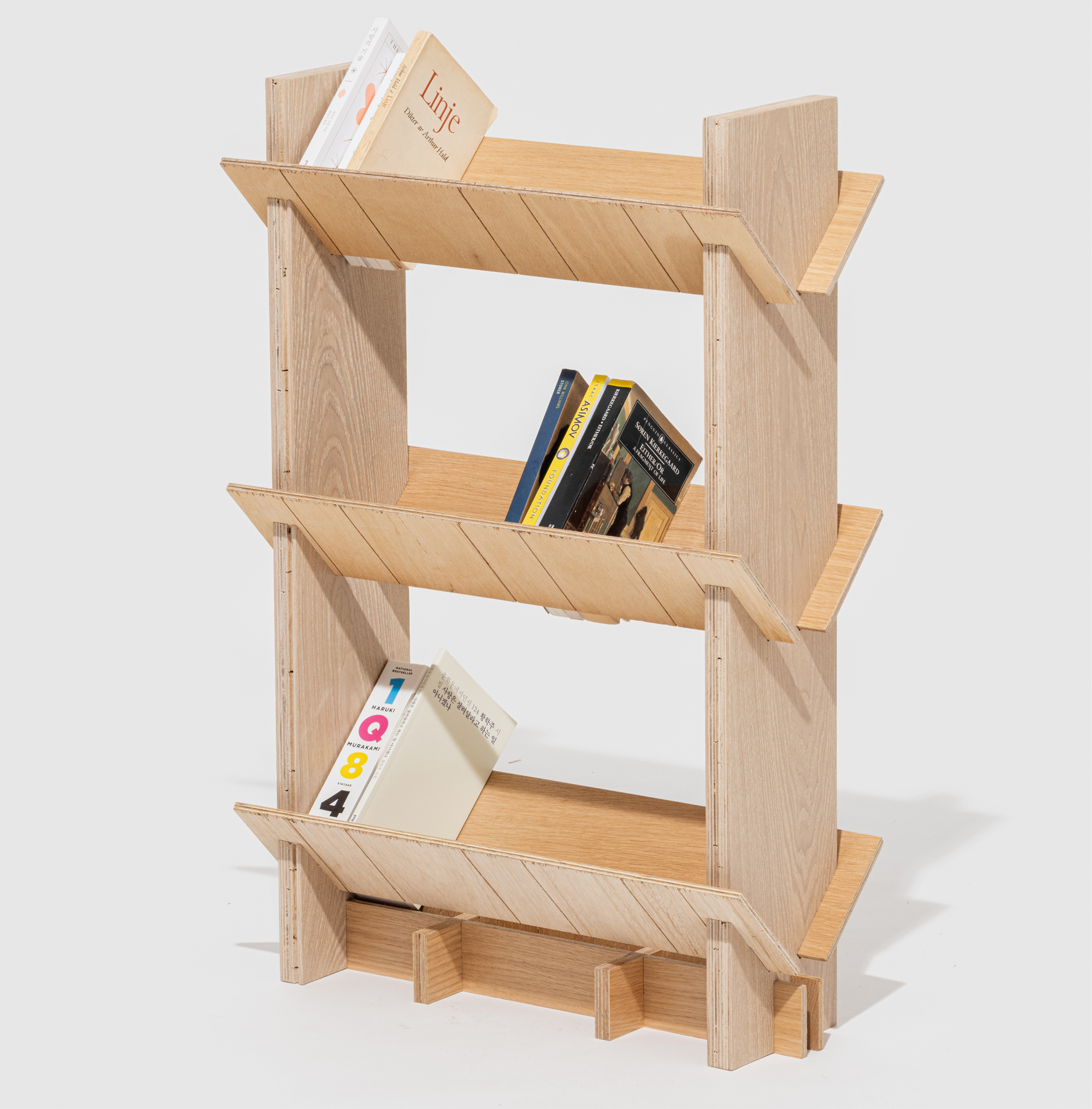 My.06 bookshelf made from 6 pieces of wooden flooring with V-shaped design